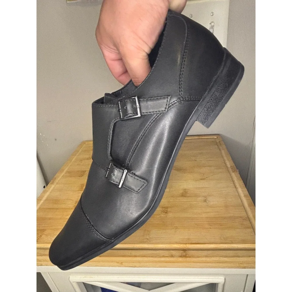 Calvin Klein Men Black Leather Allman Double Monk Strap Dress Shoes 10.5